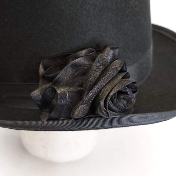 New York Hat Co Top Hat Women's M Wool Felt Classic Black Short Crown Flower Pin - Picture 9 of 16